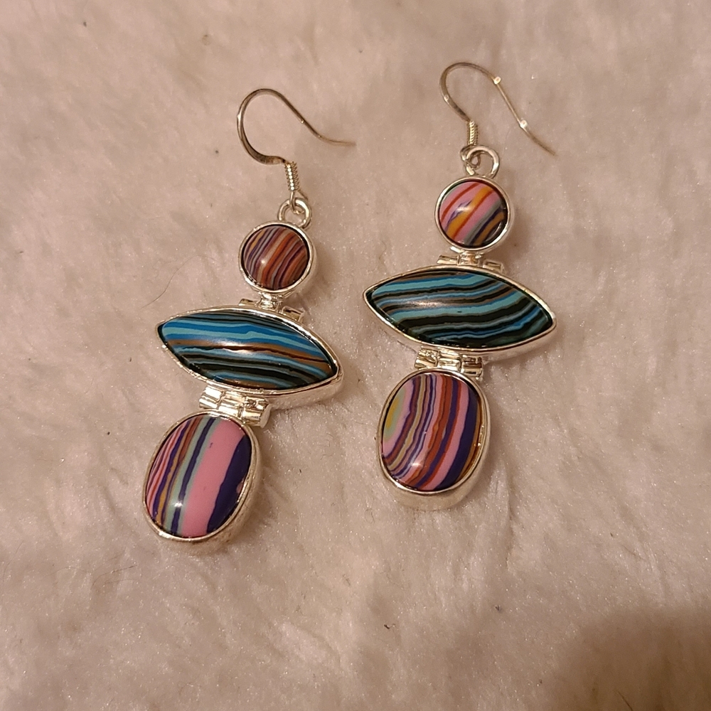 Sterling Silver Rainbow Calsilica Stone Earrings